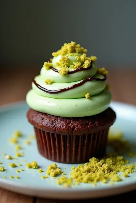 1 Dubai cupcake on plate (brownie cupcake + fill pistachio kadaif + light green cheesecake frosting + small pistachio crumbs+ dark chocolate drizzle on top