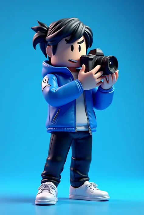 Roblox character with black hair by Fede Vigevani ,  a blue jacket with a ghost logo ,  Black Pants ,  white shoes ,  holding a camera greeting and a blue gamer background