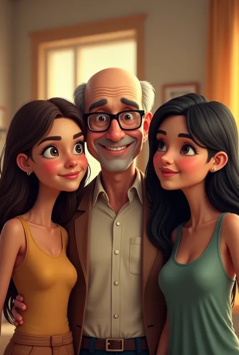 Create three friends ,  a man with glasses , calvo, fifty years old; A girl with dark brown hair and long mixed race test,  and another girl with straight and black hair 