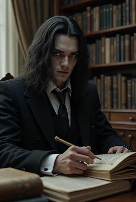 create with a modern vibe like long hair vampire who belong a middie class family in 20 century study like a psychopath 
