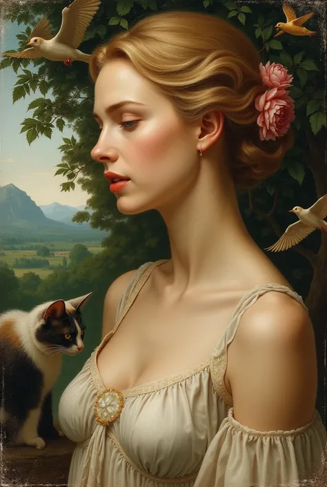 Oeuvre dart peinture venus de Botticelli ressemblant à Scarlett Johansson de profil gros plan avec des oiseaux  et un chat avec un filtre craquelé 