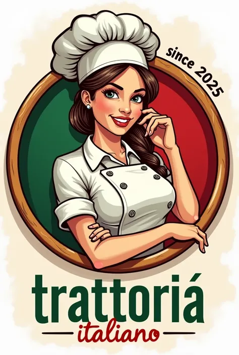 circular pizza logo with the name "trattoria italiano " and slogan "since 2025" I want the Italian flag and a female chef make it delicious 