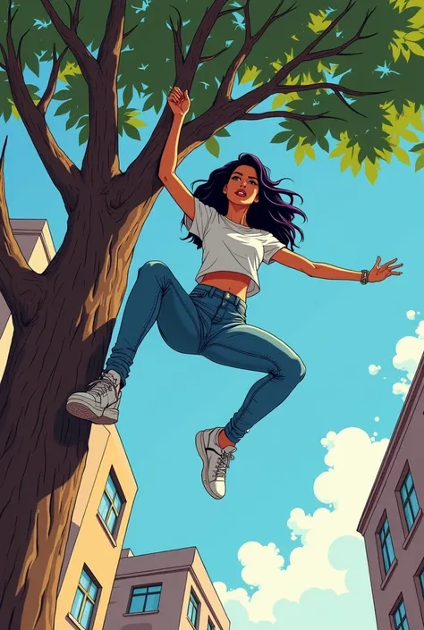 Une femme saute dun arbre de ville.
Description de la femme: Belle Latina de 20 ans, aux cheveux noirs long aux pointe violette, habillée dun jean troué et dun tee-shirt blanc, a la silhouette fine et athlétique.
Style: comics, réaliste, fantastique