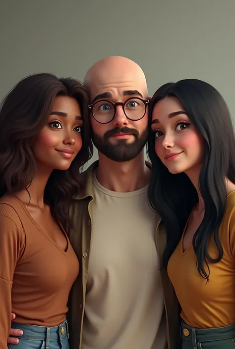 Create three friends ,  a man with glasses , calvo, Forty years old without a beard; A girl with dark brown hair and long mixed race test,  and another girl with straight and black hair 