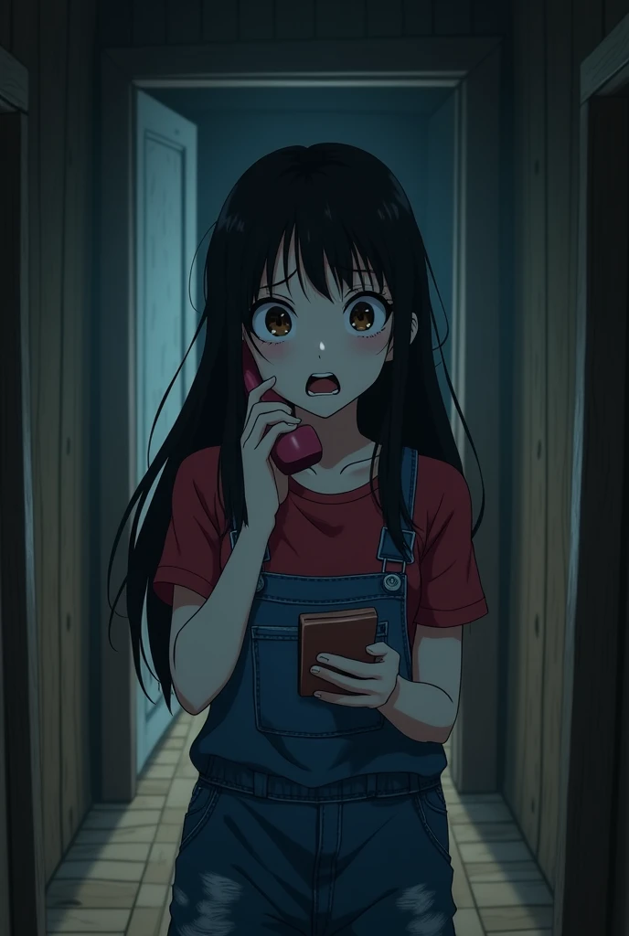  A teenage girl with long black hair , red shirt with overalls ,  white skin , Brown eyes answering the phone scared, in a rustic house at night and with anime style,