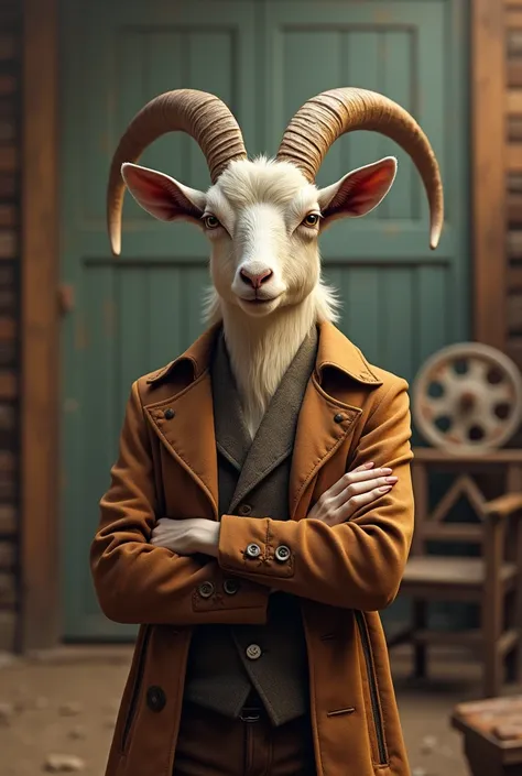 generate a picture of a goat who is a director and that goat is posing for the picture of the poster of the movie she just directed wearing old western style coat