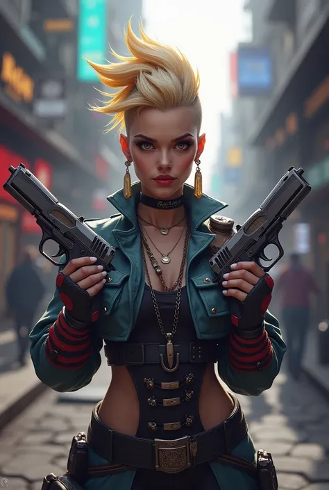 A blonde tall 23 years giù with a magic doble gun modern mohawk cut nostril and 1 earings on the left wide shoulders from zaun
in the arcane world