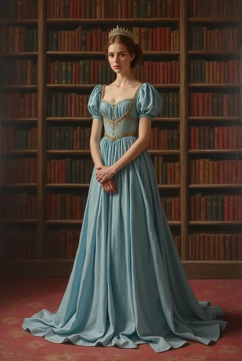 Un portrait peint vintage tel que les membres de la royauté   au moyen âge dune jeune femme posant devant sa bibliothèque rose très fourni. Vu de lensemble du corps dans sa jolie robe bleu élégant fade. 