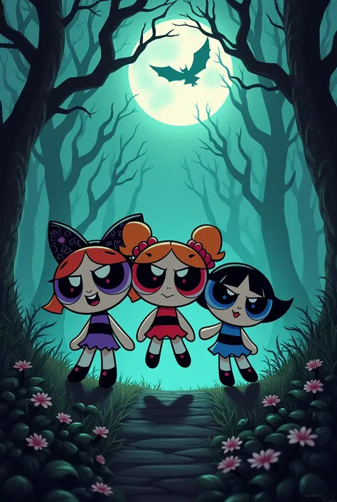 Hippies gotic power puff girls, on dark forest