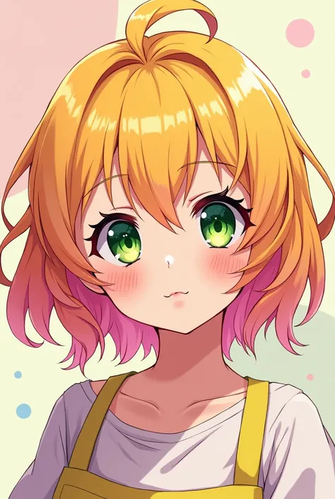 manga girl yellow and pink hair with green eyes