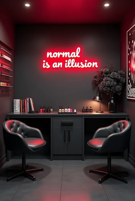 Clean, aesthetic design, gothic nail art salon, dark grey walls, two chairs, one work table between the two chairs, nail products on the table, lots of nail products on the wall also,  lots of gel polish bottles ,less fancy, more realistic,  red neon sign ...