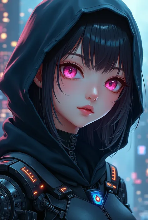 there is a woman with a hoodie on her head, fashionable mechanoid, anime girl in hoodie, girl in mecha armor, mechanized valkyrie girl, cyborg - girl, cute cyborg girl, karol bak uhd, digital cyberpunk anime ink art, cyborg merchant girl, beutiful girl cyb...