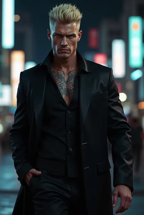  create super realistic image of a white western man ,  short blond hair  ,  Muscular body ,   with realistic Yakusa  , Japanese mob killer ,  walk elegant and confident  ,  Blue Eyes , trained by the Tengus  , walking in the city at night ,  tattoo wearin...