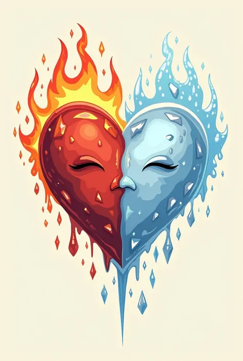 An illustrative heart  (Cartoon )  that is divided into half of it a fire,  and the other half of ice  ( I want a serious drawing, No faces or smiles , um coração Cartoon , without being realistic)