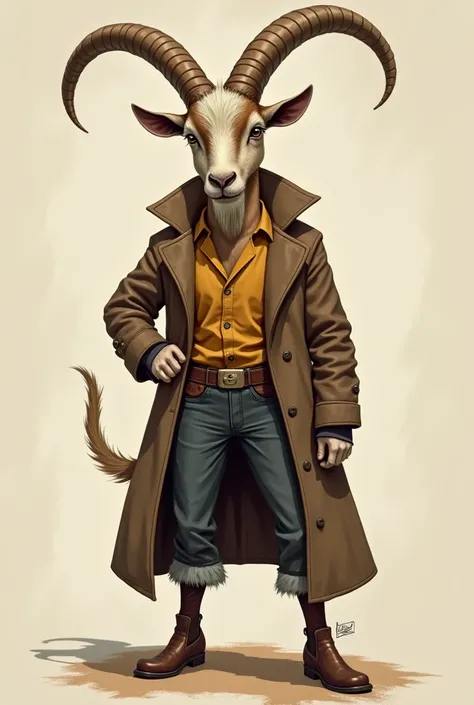 generate a picture of a goat who is a director of action movies and that goat is posing for the picture of the poster of the movie she just directed wearing old western style coat that goat has sassy attitude the goat should have small horns and an artist ...