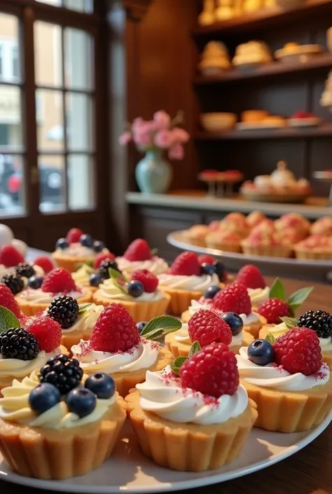 A long-established European confectionary store with lots of fresh cream tarts with a variety of berries on the showcase