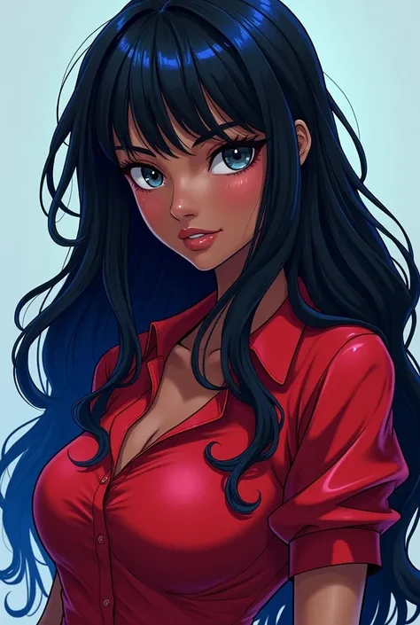 Beautiful black girl with long black and blue hair very sexy wearing red anime-shaped shirt