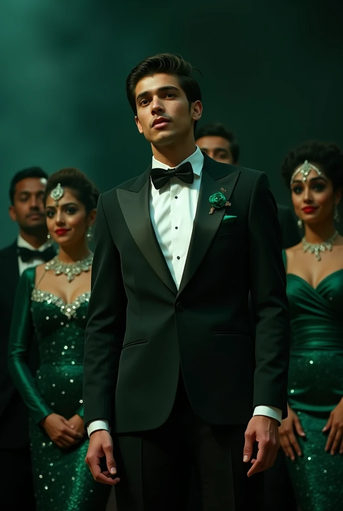 The stage lights dimmed as Yash (22, dressed in a sleek black tuxedo with an emerald green pocket square, his hair styled neatly) took the microphone to announce a surprise performance. Roshani (22, a beautiful matured girl dressed in an emerald green gown...