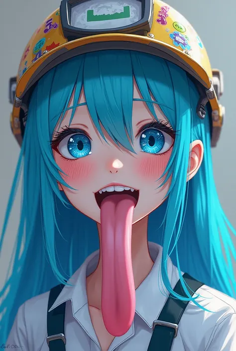 Create a  girl, With blue eyes neon , normal teeth,  blue hair,  paints her lips , Light blue lipstick , Very long and giant tongue ,  workers helmet full of stickers, camisa blanca,  wears the anime style 