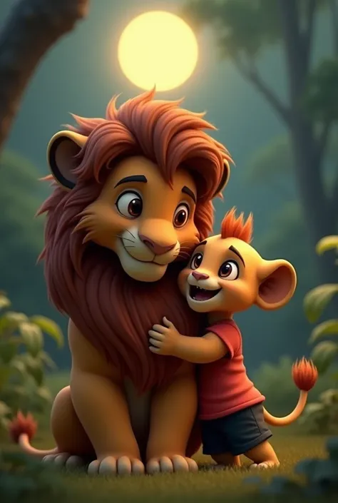 Create a image of a 3D animation cute baby lion, midiam size brown hair, wearing a black Shorts, a red t-shirt “, The lion cub and its mother reunite under the moonlight. The cub smiles with relief as the mother gently nuzzles it, while the jungle becomes ...