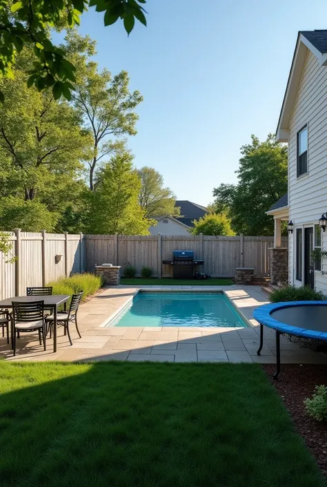  Backyard of traditional American house with white wooden walls, large pool ,  green grass area ,  wooden porch with black table and black iron chairs ,  modern electric grill ,  large adult trampoline ,  low wooden wall , Tree-lined , em small Town Sparta...