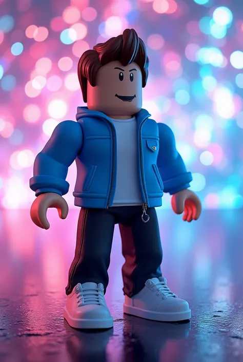 Roblox character wearing a blue jacket, black pants and white shoes and a shiny background