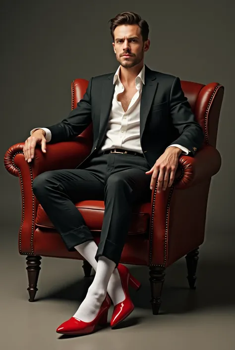 A man is sitting on a chair ,  he has crossed one leg over the other and is wearing red high heels with white socks.