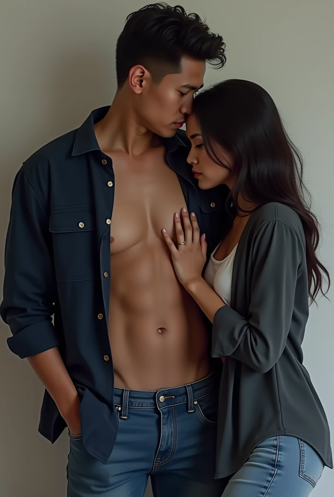  Malay man wearing a navy blue shirt open all the buttons of the shirt showing nipples & wear blue jeans dont wear chains while standing  & with a woman holding the mans breast 