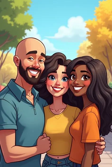  Creates three friends in a cartoon,  a bald male without a beard, forty-eight years old ,  black cabello, mestizo; A girl with dark brown hair and long mixed race test,  and another girl with straight and black hair 