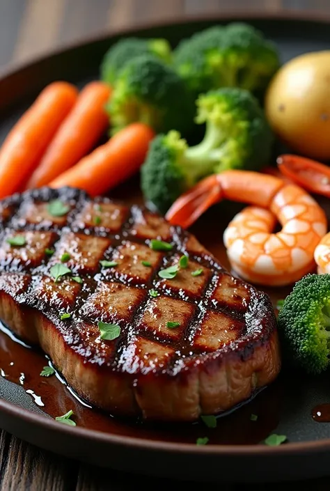 Grilled with t-bone steak with shrimp and vegetables such as carrots and broccoli with pods next to it goes the potato flower 