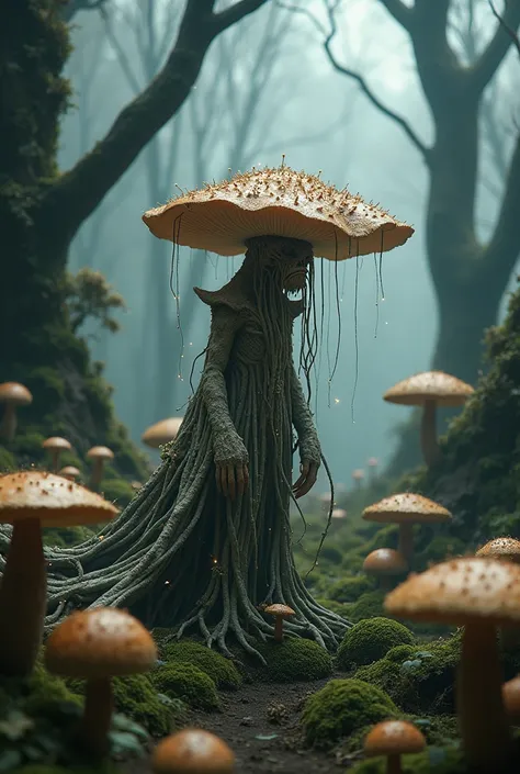 A creature made of fungi in a dead, mushroom forest