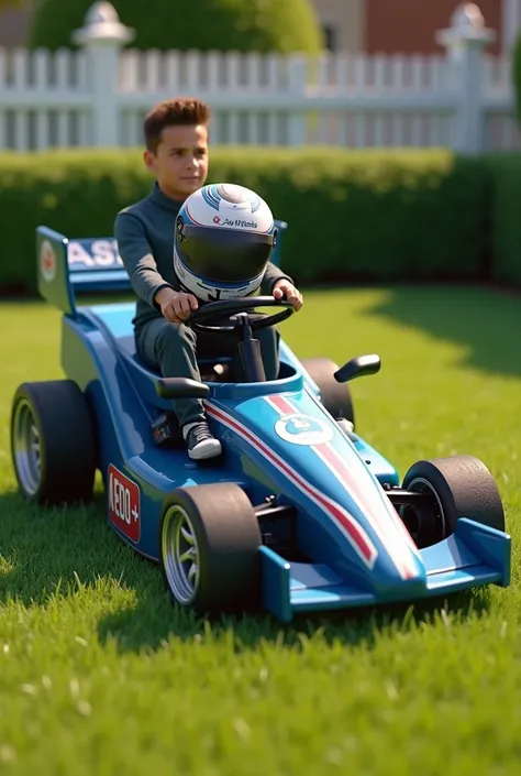 Franco Colapinto driving a lawnmower that pretends to be a Williams from Formula 1
