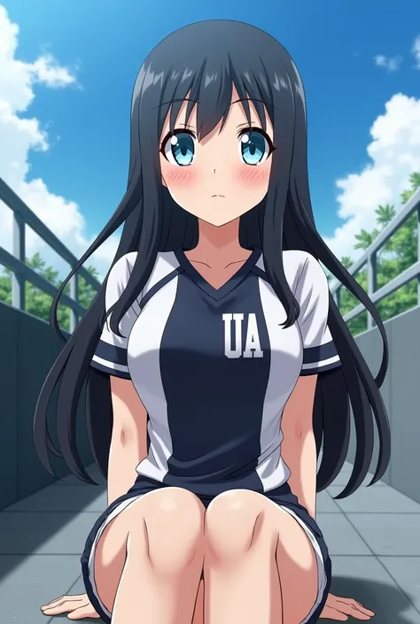  screenshot of my hero Academia.  Long-haired girl ,  smooth and black border with a stripe in the middle and slightly rounded tips blue tips blue eyes attractive body and has a serious and attractive expression. She is wearing the UA sports uniform and in...