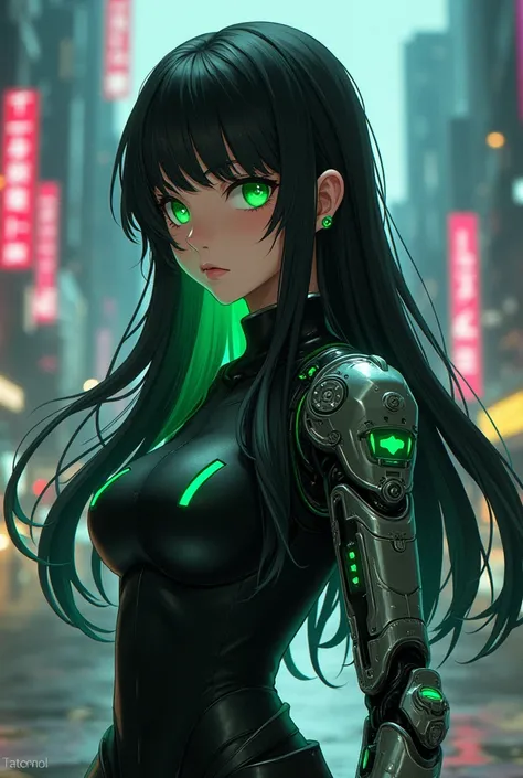 My hero academia girl, long black and white hair, emerald green eyes, cyberpunk, black and green outfit, hacker, prosthetic left arm