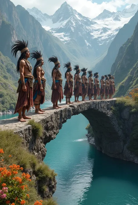 Please,  creates an image that shows a group of Inca warriors forming a human bridge over a river.  I want it to appear that the warriors have petrified ,  as if they were living stone statues ,  but preserving details of their traditional attire and heroi...