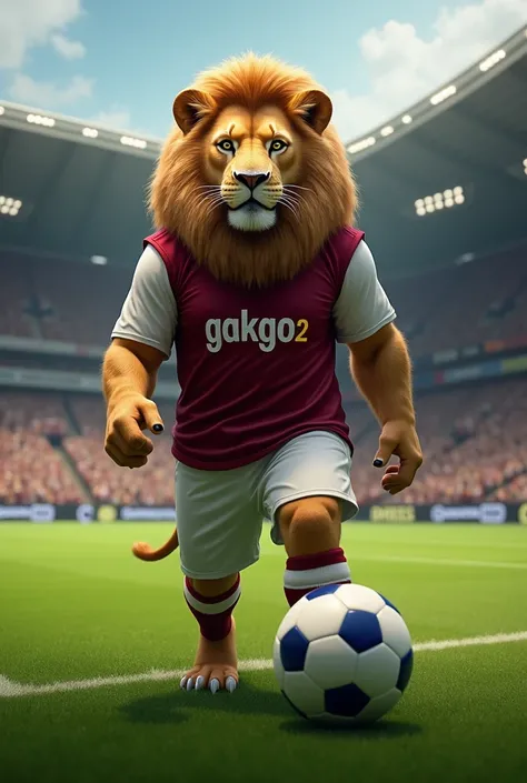 Can you make a realistic picture of a lion with a burgundy and white jersey with Gakgo23 written on it kicking the ball in a green stadium?