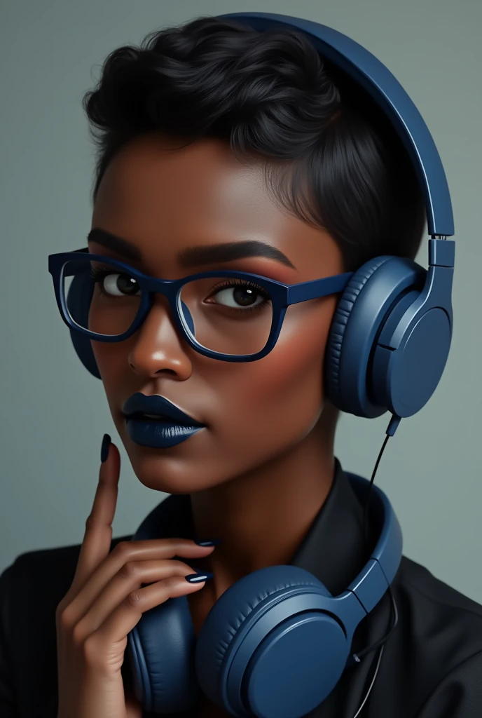 

Dark brown skin 
Square Glasses but not fully on the face slightly put lower to the nose
Dark blue headphones
Short hair taper fade on a girl 
No jewelery 
Glossed pigmented with black lips