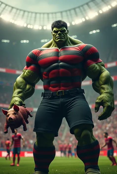 Create the image of the Hulk painted black wearing a striped t-shirt with the colors red and black with horizontal stripes holding the head of a pig inside a soccer stadium with several fans wearing a striped black and red t-shirt and some fans wearing a t...