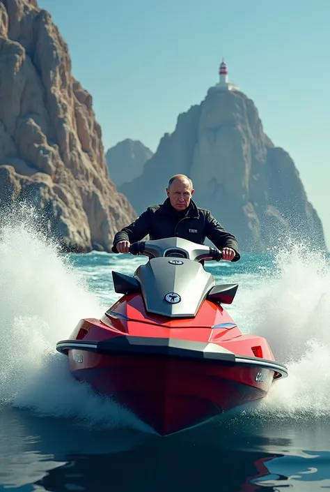 Creating Putin in Gibraltar on a jet ski