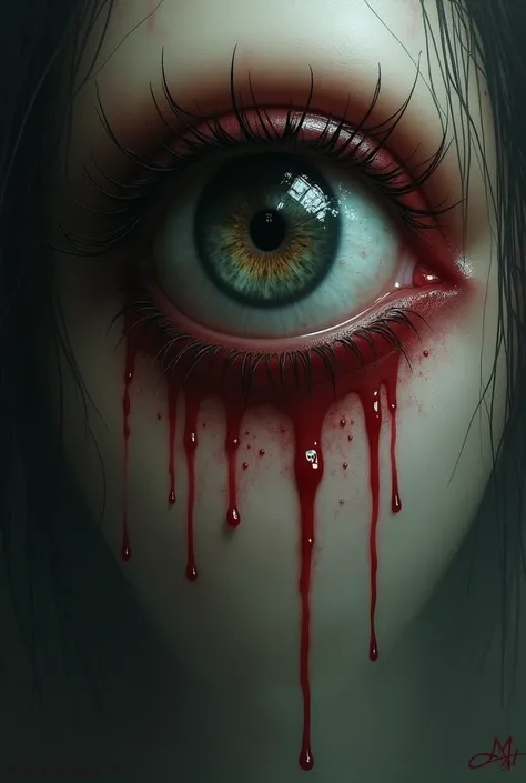 A sorrowful eye with tears streaming down, blood dripping from it, and the pupil shaped like a clock hand.