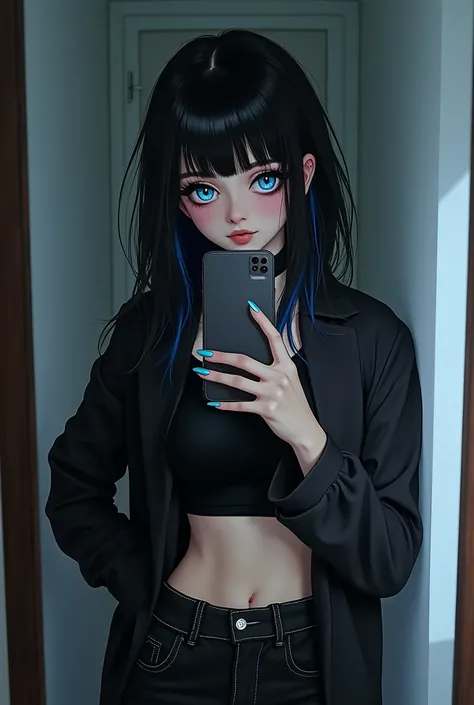 Gorgeous 2024 emo makeup girl, black crop top with black baggy jeans, jet black hair with bangs with blue eyes and pale skin, realistic holding phpne in hand mirror selfie