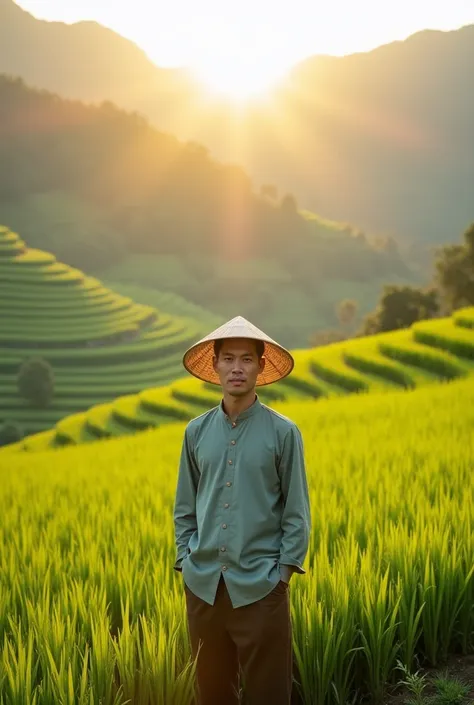  A man in traditional Vietnamese clothing , Who stands in the bright green rice terraces and looks at the camera.  The sun casts golden light across the landscape , While the mountains are gently rising in the background .

