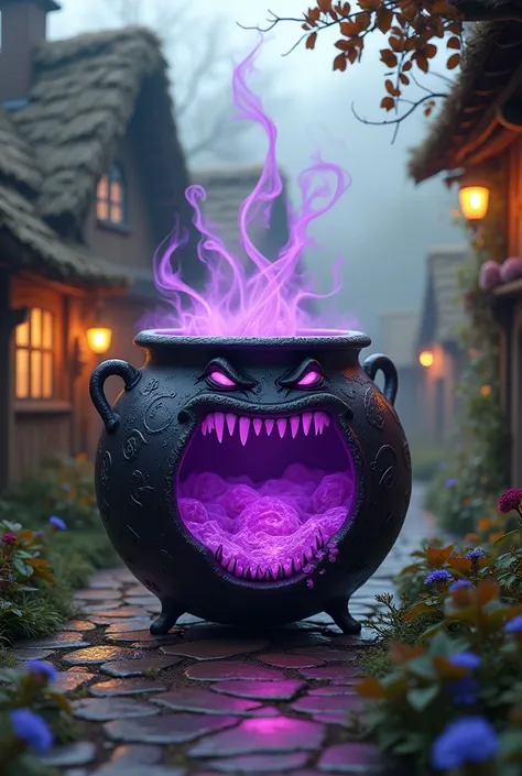 A living cauldron with a purple mouth and a purple potion inside it in a witch village