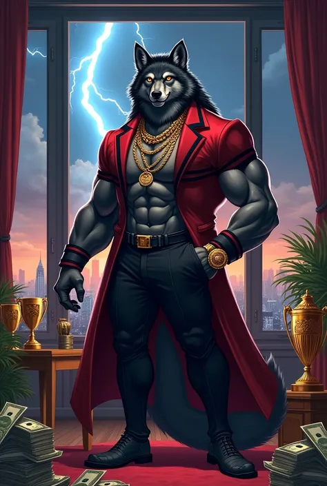 "An ultra-detailed illustration of a humanoid wolf representing Atlético Paranaense, styled as a muscular, wealthy tycoon. The wolf has a massive, bodybuilder physique, with rippling muscles and fur in shades of sleek gray and black. It is dressed in a tai...