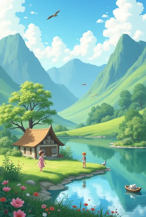 A green mountain plateau a house a lake boat a girl a boy some flowers birds the sun and an apple tree