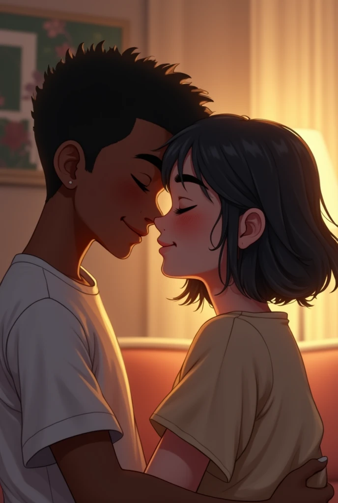 A short haired black boy giving a kiss to a white girl with short black hair down the shoulders in a room 