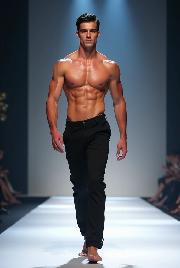 Full body portrait of a man parading on a fashion runway the man is 20 years old healed handsome straight black hair doesnt wear a shirt