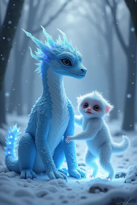 create 32k: In the same frosty forest background, depict both the ice dragon and the gibbon separately. The ice dragon showcases its frosty scales and piercing eyes, while the gibbon displays its long limbs and agile build. Both creatures have a unique, gl...