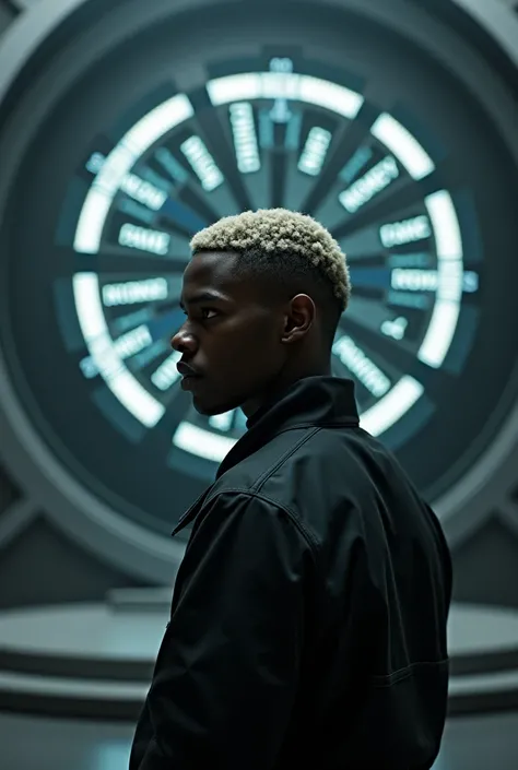 A young black man with short hair dyed blonde in a black dystopian futuristic setting spinning a futuristic wheel with options money and fame , power and respect, all or nothing 