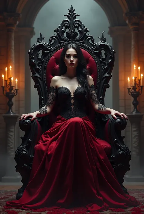 Mistress queen sits on Draculas throne and the atmosphere is scary 